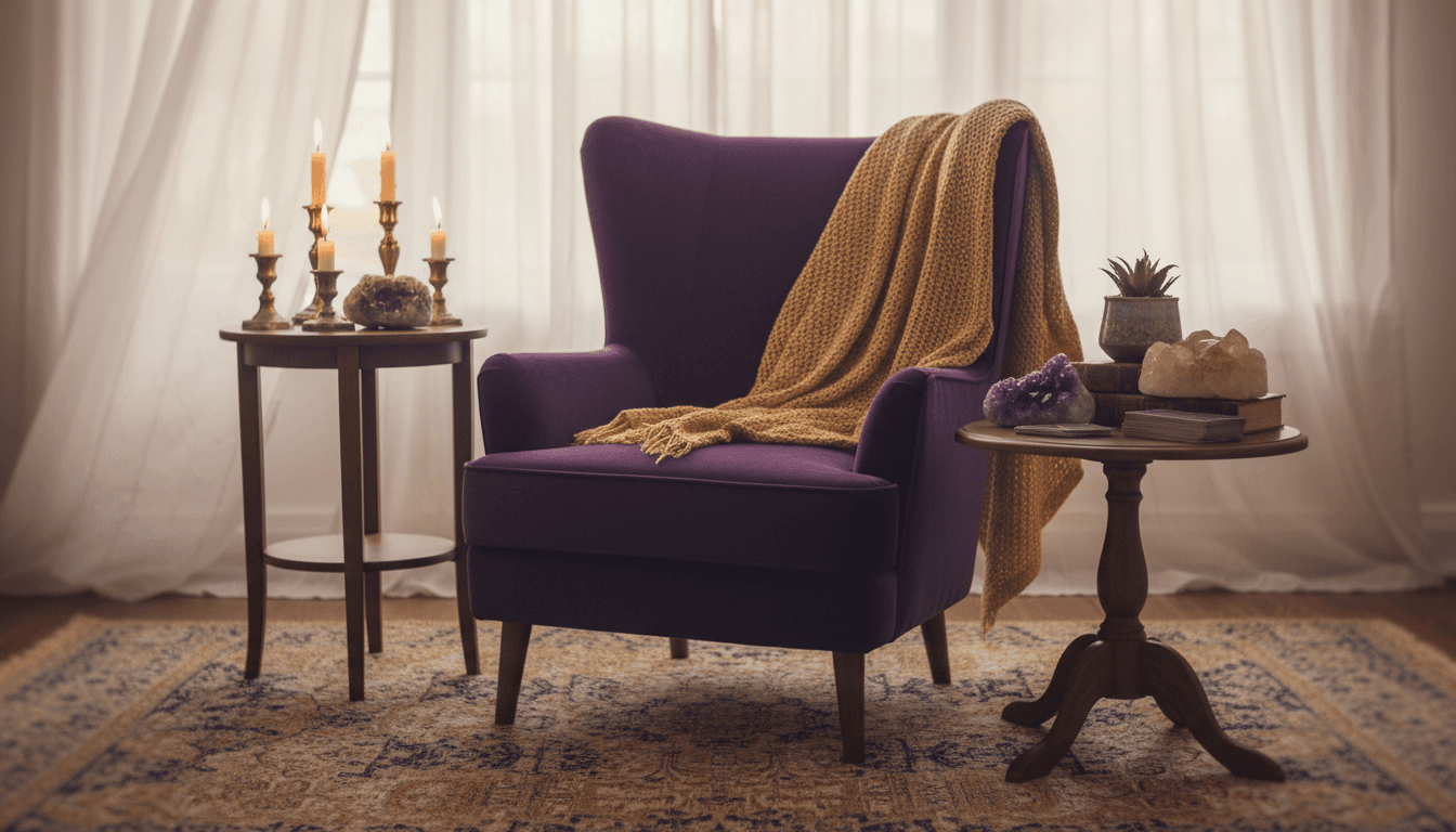 Warm, candlelit space with a cozy armchair and crystals, evoking a tranquil spiritual reading environment