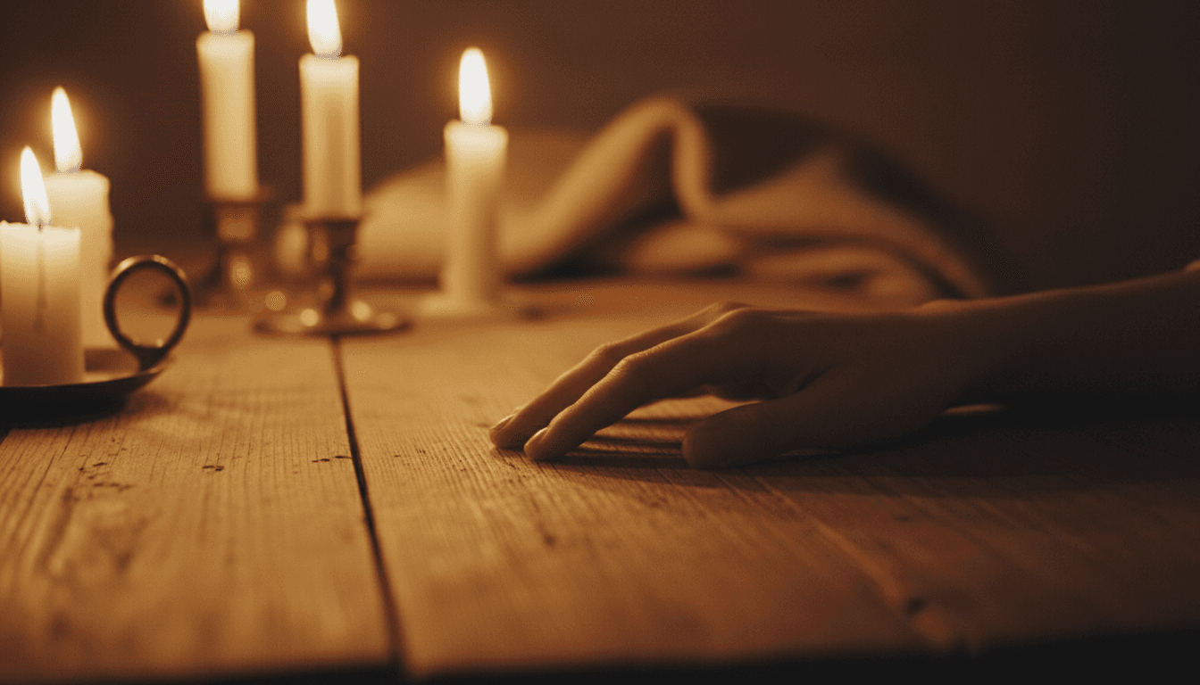 Warm candlelit table with soft golden light, creating a peaceful and intimate atmosphere