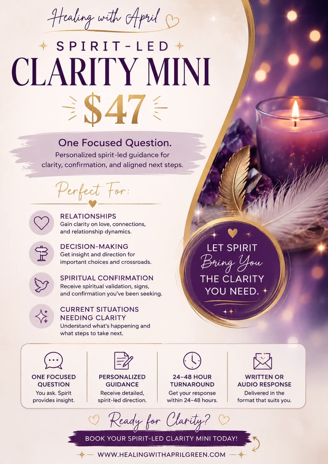 Promotional flyer for Healing with April's $47 Spirit-Led Clarity Mini reading featuring a candle.