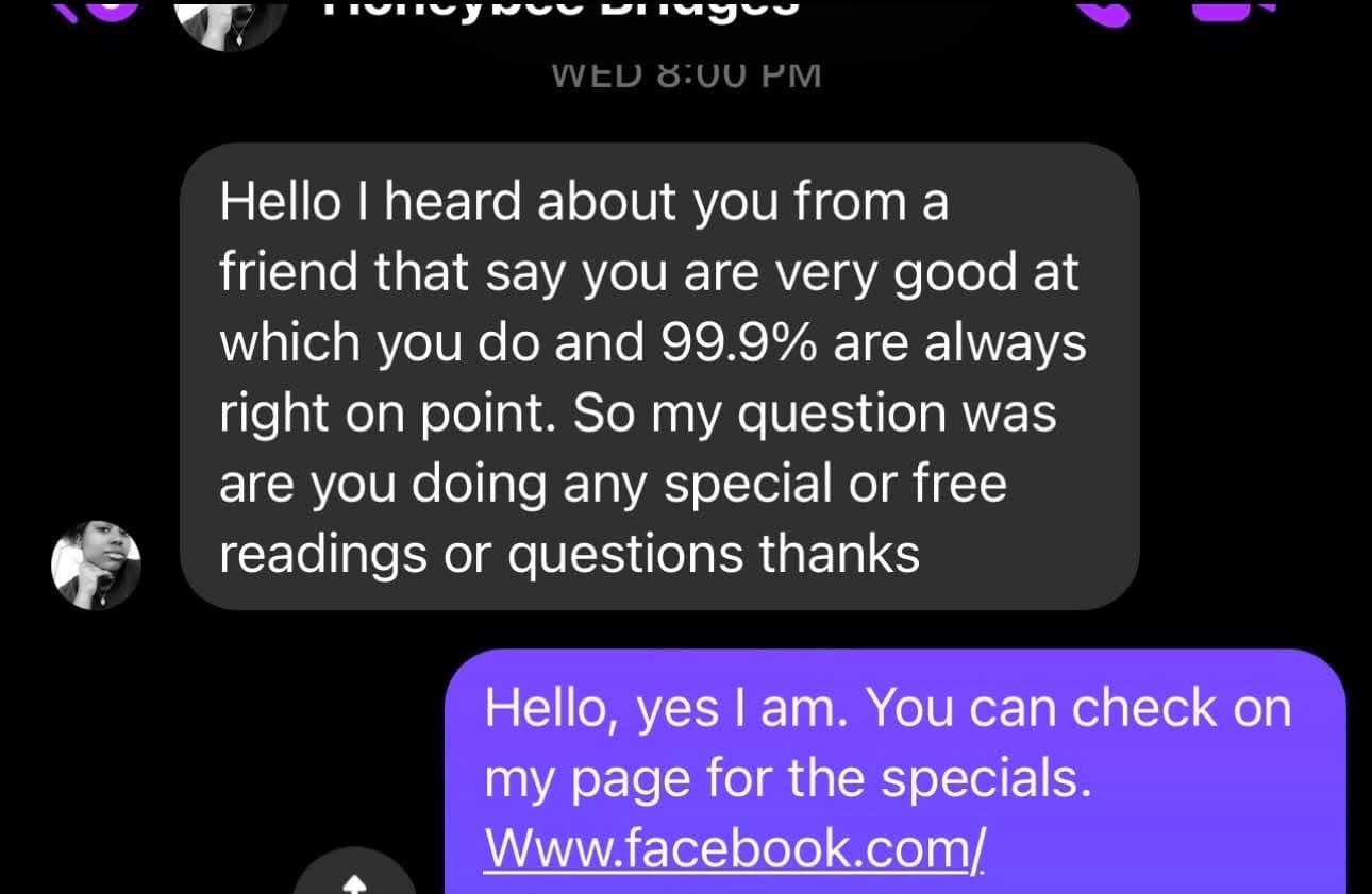 Direct message screenshot of a user inquiring about free readings and receiving a Facebook link.
