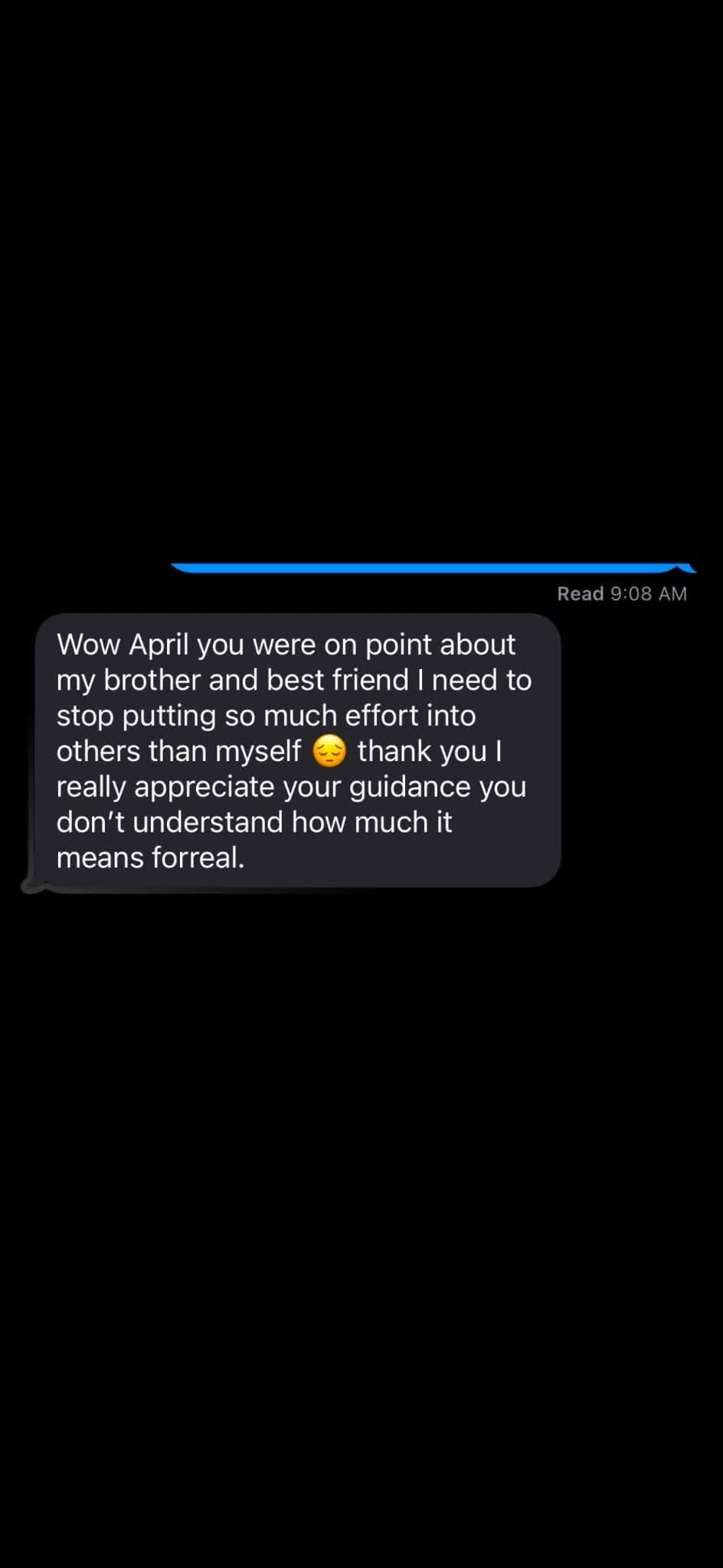 Text message thanking April for guidance about prioritizing self over others in relationships.
