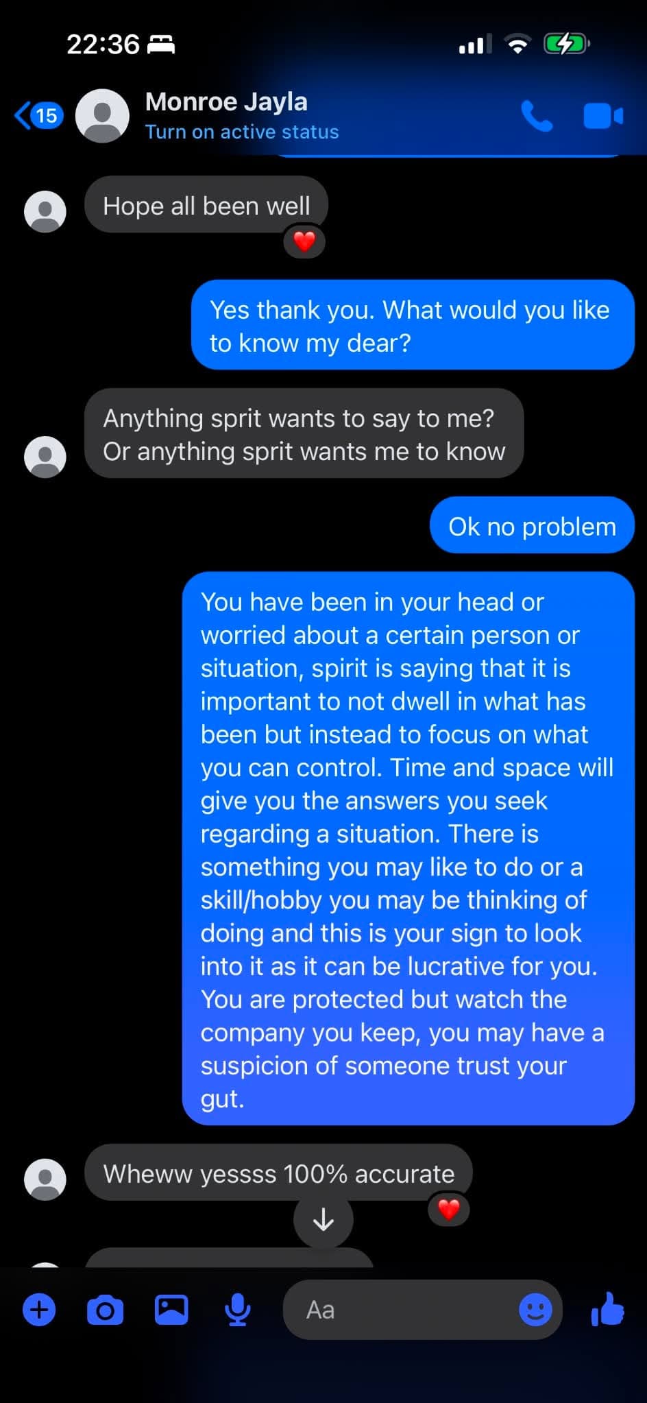 Screenshot of a spiritual reading via text message that the recipient finds 100% accurate.