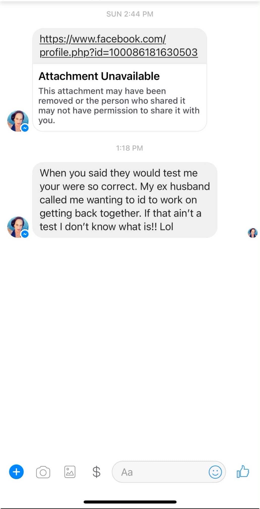 Facebook Messenger screenshot showing an unavailable attachment and a message about an ex-husband's call.