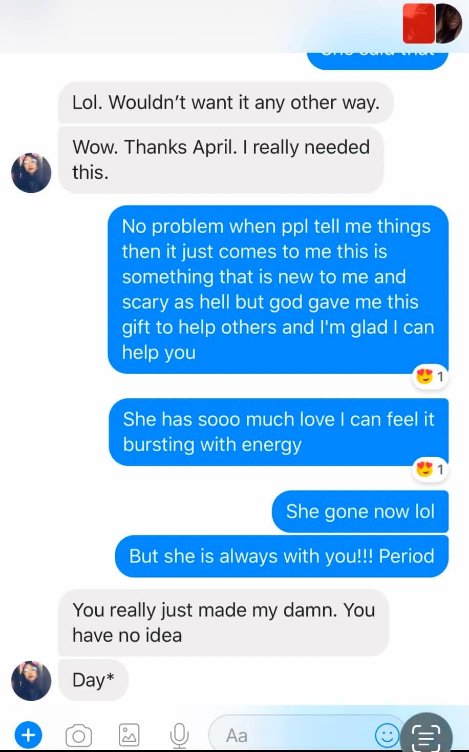 Text message exchange where April provides spiritual comfort and messages from a deceased loved one.