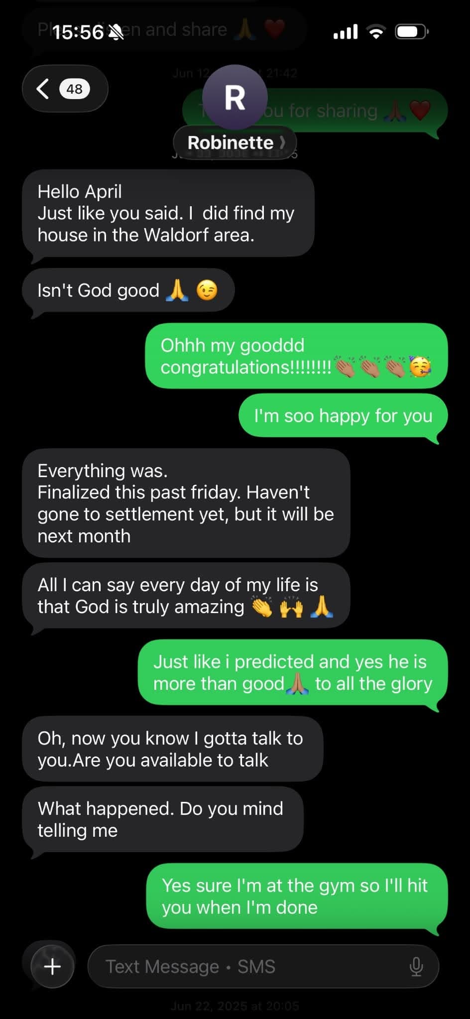 Screenshot of a text message conversation between Robinette and April about finding a new house.